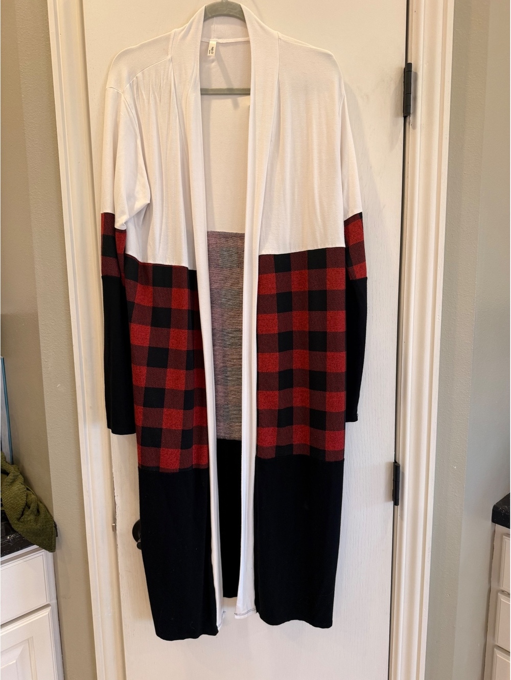 Magic Fit Long Open Front Cardigan with Red and Black Buffalo Plaid